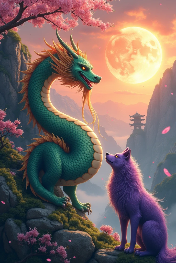 Chinese dragon and purple wolf