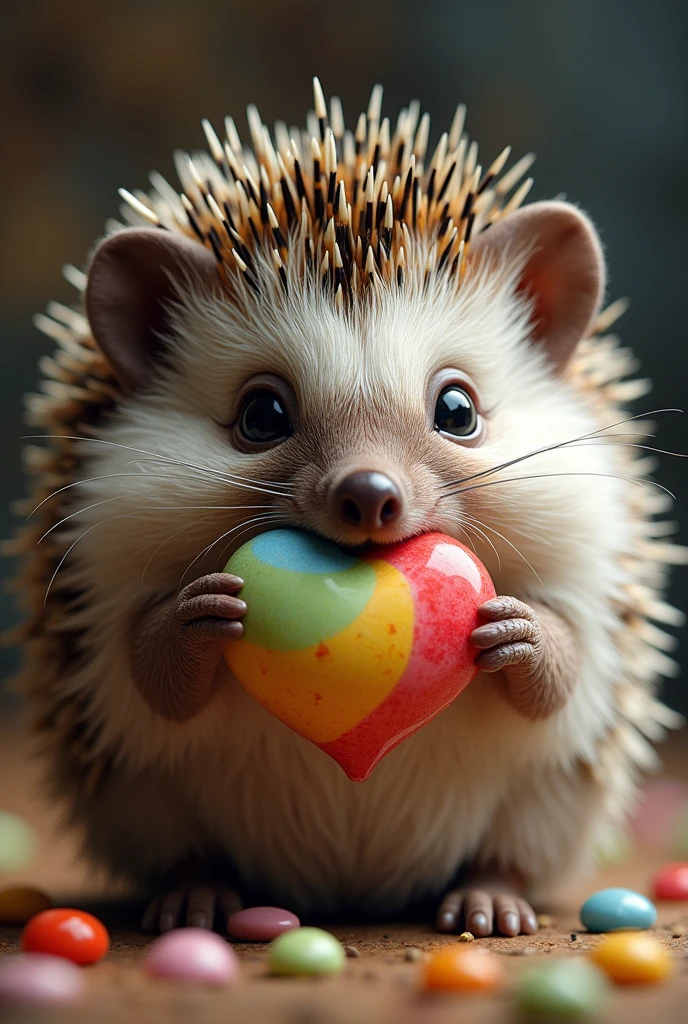 (best quality, masterpiece, ultra detailed, ultra high res, photorealistic, raw photo, absurdres, absolutely resolution), A creature that combines a hedgehog and a candy