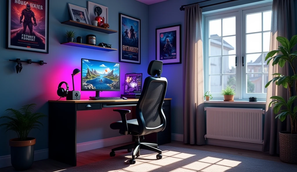 boy room with pc setup at back without chair, no person