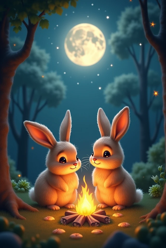 Two rabbits sitting by the campfire with a moon smiling at them 