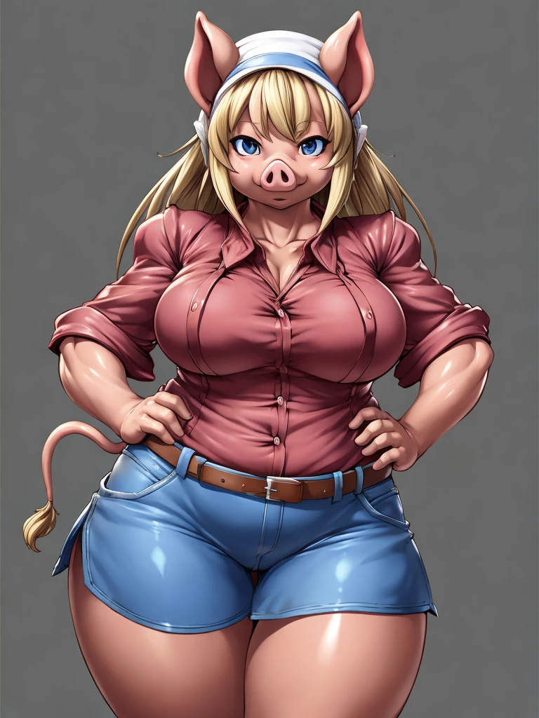 ((pig)), furry female anthro,pig girl,HD,sharp,beautiful and detailed,woman ((anthro)),1girl,Milf, mature woman,pink skin,fat girl,(look at viewer) ,by dr comet,by pochincoff, by jlullaby,by kingbang,by obui,by ZeroQrisu,by sparrow,by gmeen,farmer, farmer outfit,standing,((simple background)),(gray background,)