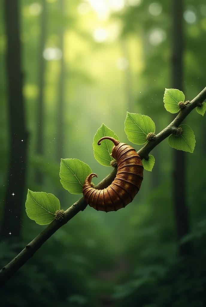 *Cocoon**: The caterpillar wrapping itself in a brown cocoon, hanging from a branch, with the cocoon slightly glowing, hinting at the transformation inside.