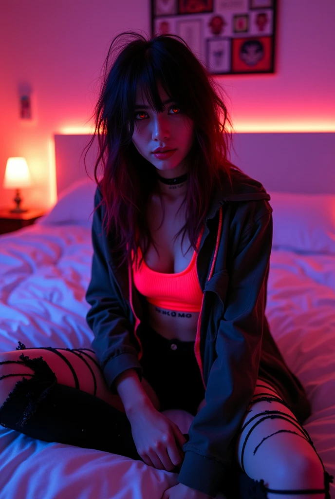 best quality, intricate details, chromatic aberration,
1girl, long hair, black hair, messy hair, red highlights, hair over one eye, red eyes, sharp eyes,
choker, neon shirt, torn legwear, open jacket,
blacklight, sitting on bed with legs spread in bedroom, cameltoe, open seductive smiling mouth, legs spread, happy worshipping, manspreading, hands behind back, hands not visible,womb tattoo on stomach