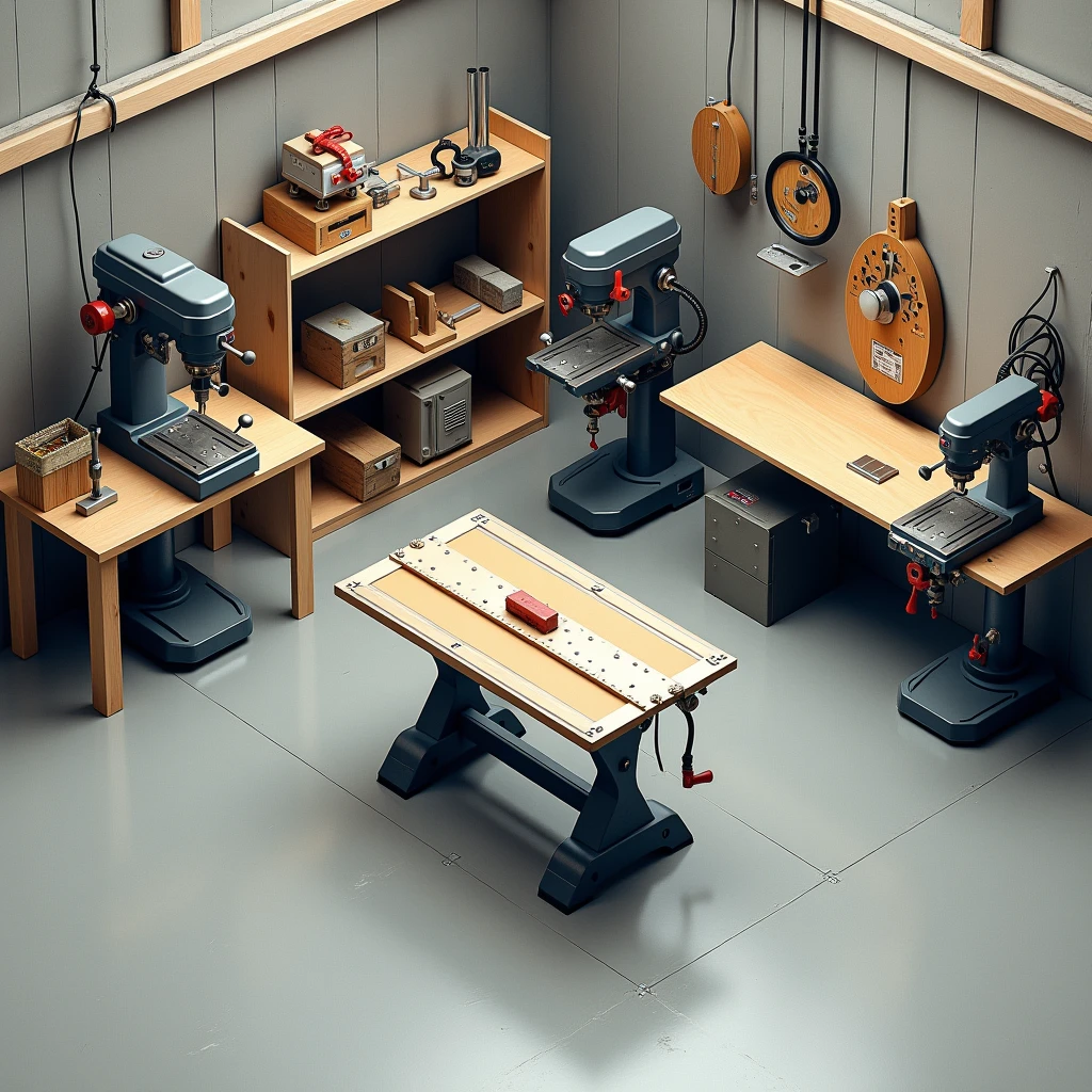 a photograph isometric view image of a machine shop with drill press, lathe, milling machine, and table saw. Concrete floor.