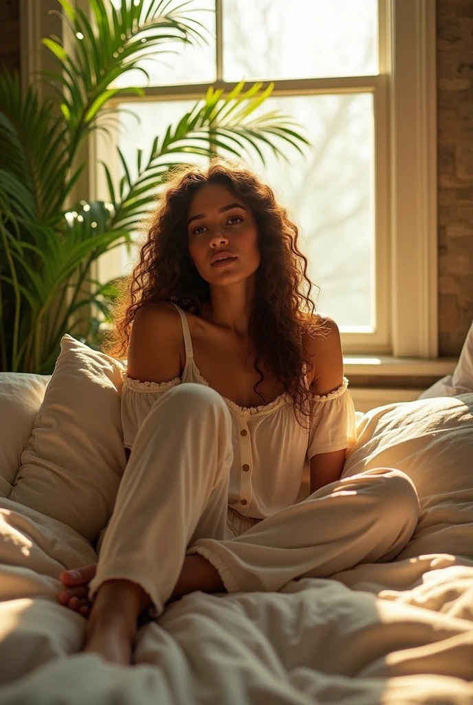 (photorealism:1.2), beautiful woman, sitting on bed, wearing loose off-shoulder top, pajama pants, long curly hair, indoors, soft lighting, plants in background, window with sunlight, cozy room, relaxed pose, realistic, intricate details, warm colors, by Greg Rutkowski, by Alphonse Mucha