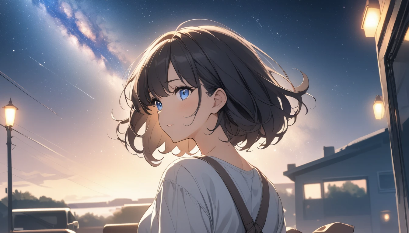 Starry Sky、milky way、A woman at the center、Black Hair、Short Hair、Hair blowing in the wind、Blue Eyes、Casual clothing、Back view、Upper Body、Low - Angle