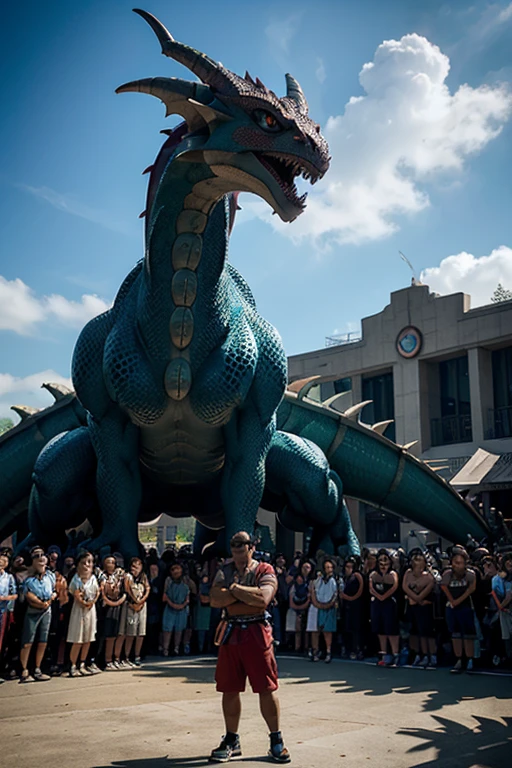 pokemon is standing in front of a crowd with a dragon, a picture inspired by Pinchus Kremegne, trending on pixiv, hurufiyya, slifer the sky dragon, colossal dragon in background, dragon in the background, human and dragon fusion, dra the dragon, but as an anthropomorphic dragon, i just saw a huge dragon