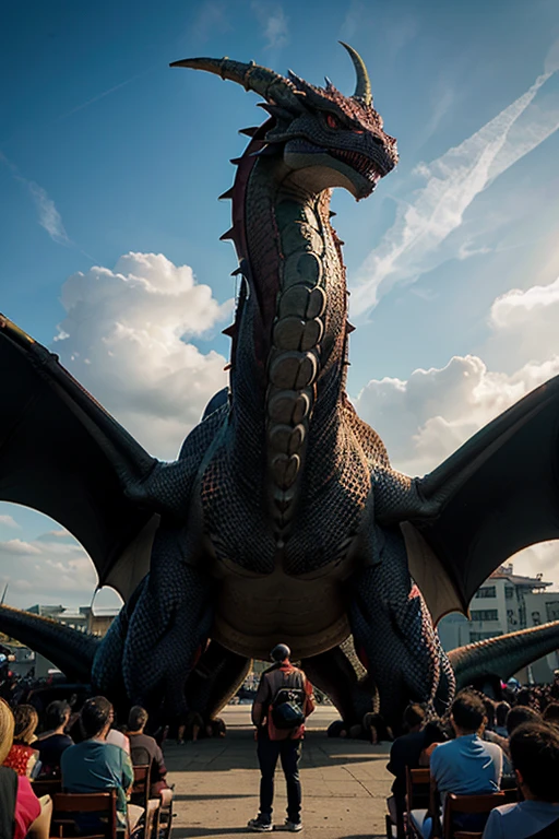 pokemon is standing in front of a crowd with a dragon, a picture inspired by Pinchus Kremegne, trending on pixiv, hurufiyya, slifer the sky dragon, colossal dragon in background, dragon in the background, human and dragon fusion, dra the dragon, but as an anthropomorphic dragon, i just saw a huge dragon