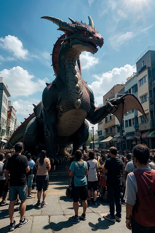 pokemon is standing in front of a crowd with a dragon, a picture inspired by Pinchus Kremegne, trending on pixiv, hurufiyya, slifer the sky dragon, colossal dragon in background, dragon in the background, human and dragon fusion, dra the dragon, but as an anthropomorphic dragon, i just saw a huge dragon