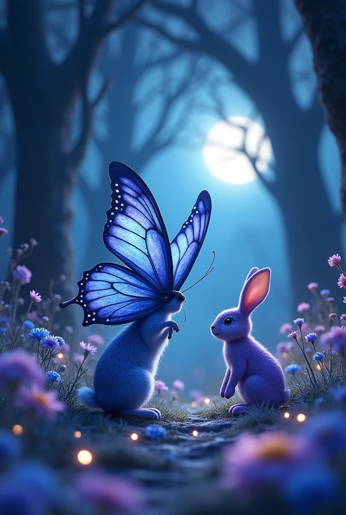 Give me a 3D image of a very beautiful navy blue watercolor butterfly that shines and shimmers flying in a beautiful landscape with a lot of essence and too much unmatched aesthetic shine and that its landscape is bluish aesthetic talking to a purple or lilac rabbit having adventures like passing through a dark scary place in the middle of trees at night