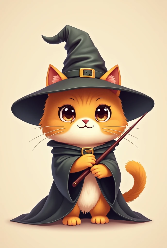 Simple and cute cartoon character illustrations, A cute bipedal Scottish Fold in the style of a chibi character,The majority of the background is a single color, The Scottish Fold is wearing a slightly oversized wizard&#39;s hat, Wearing a magician's robe, Has a wizard&#39;s wand, A design that evokes a sense of familiarity and trustworthiness,Facing forward