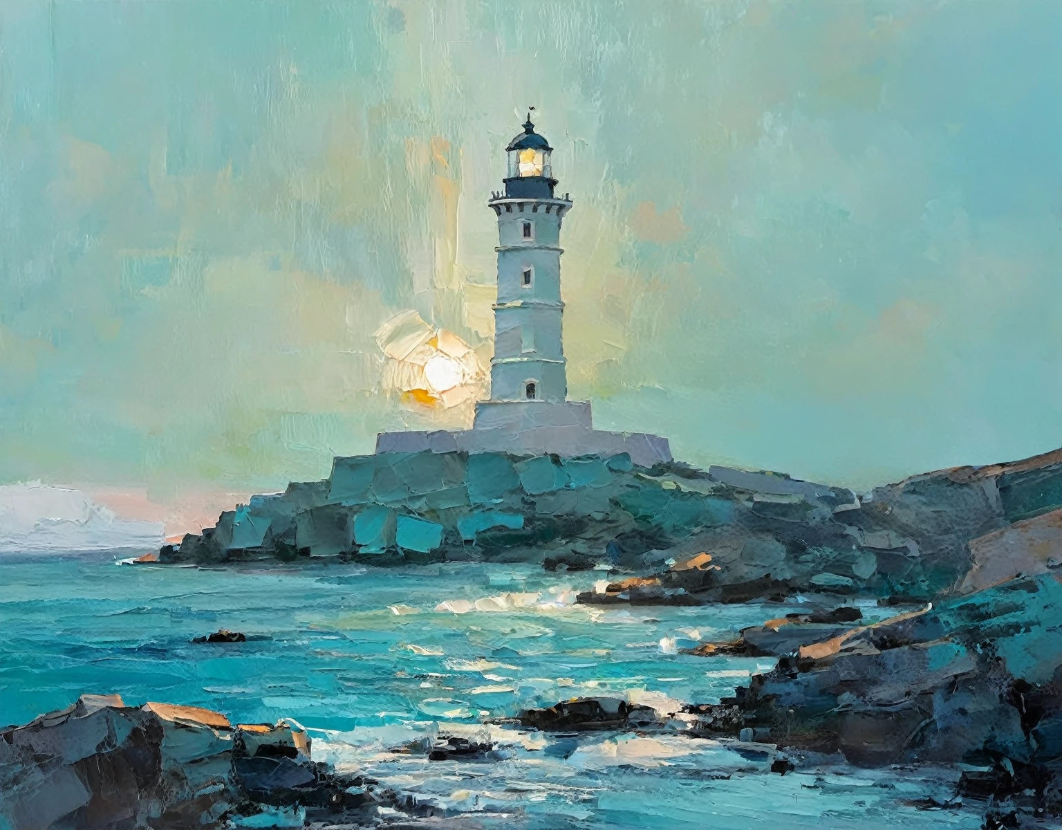 there is a lighthouse on a rocky cliff with a light on, a thick textured oil painting, impasto brushstrokes, dry brushing,revealing underlayers, breathtaking composition, Create an art deco inspired illustration of A scenic lighthouse Chania Lighthouse (Greece), overlooking the turquoise waters of sunset. Include vibrant pastel colors, sleek lines, and a retro summer atmosphere. The style should be reminiscent of vintage travel posters with a modern twist,  breathtaking composition, wall art decor, Chania Lighthouse (Greece), Chania Lighthouse (Greece)