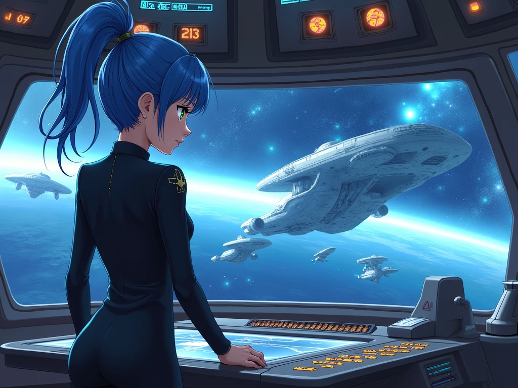 anime girl in starfleet uniform at console woth ships on viewscreen