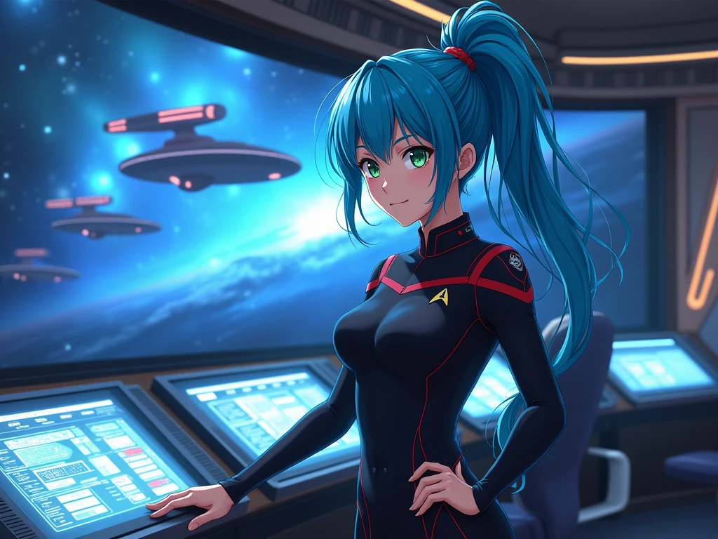 anime girl in starfleet uniform at console woth ships on viewscreen