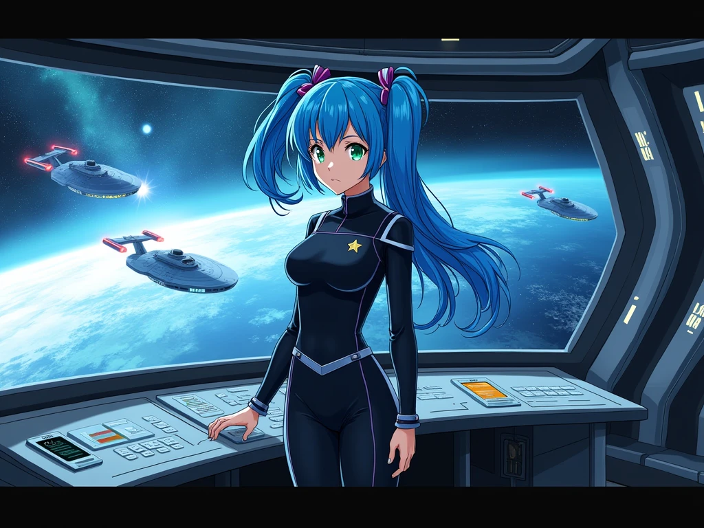 anime girl in starfleet uniform at console woth ships on viewscreen