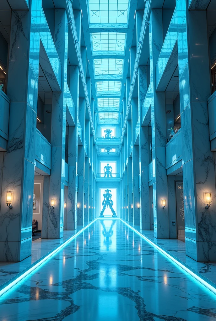 Imagine a large laboratory, glass and marble, sleek, modern, high society, blue lighting, old money, futuristic, robotics, hyperrealistic