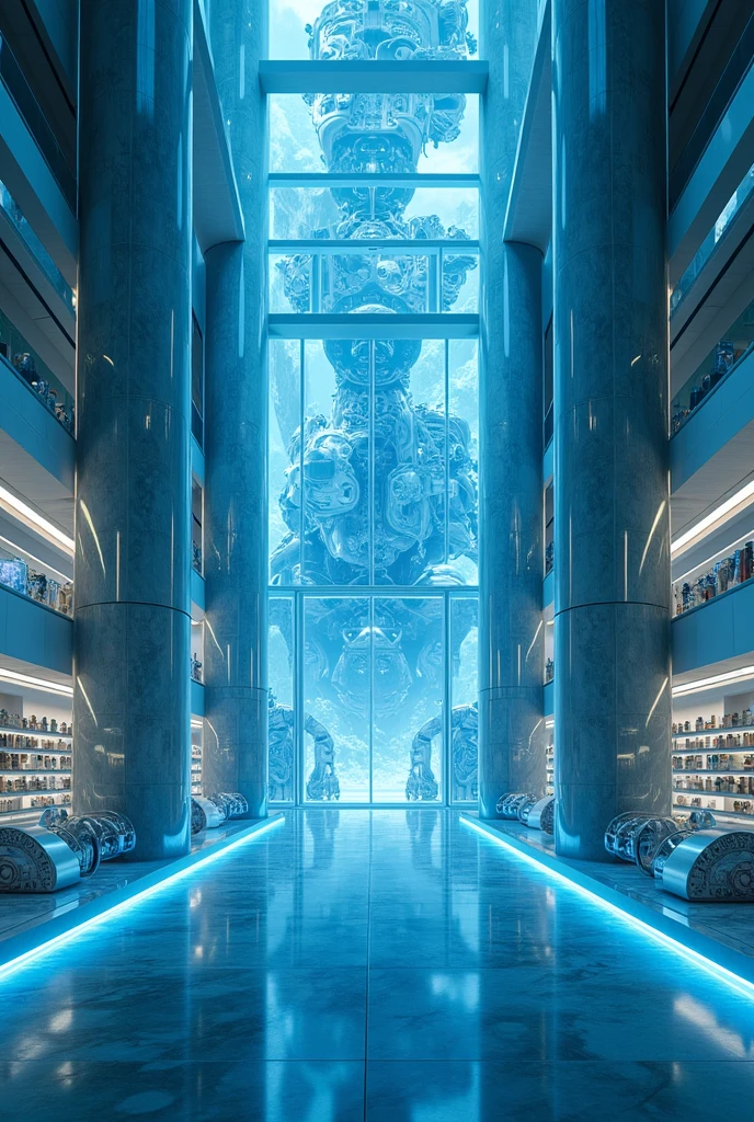 Imagine a large laboratory, glass and marble, sleek, modern, high society, blue lighting, old money, futuristic, robotics, hyperrealistic