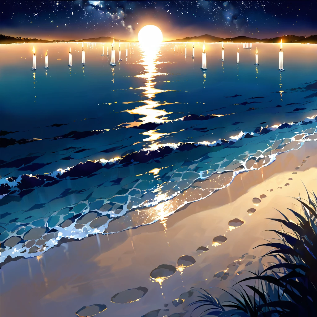 A tranquil and deeply emotional scene set by the water under the soft glow of moonlight. The moonlight reflects on the calm water, creating a serene and ethereal atmosphere. Shadows gently dance along the shoreline, while soft whispers seem to fill the night air. Footprints are visible in the sand, leading towards the water, symbolizing enduring memories. The sky is adorned with faintly glistening stars, adding a dreamy quality to the scene. A few candles flicker softly, casting a warm and comforting light. The overall mood is peaceful, with a subtle undertone of longing and nostalgia, evoking feelings of love, memory, and quiet reflection