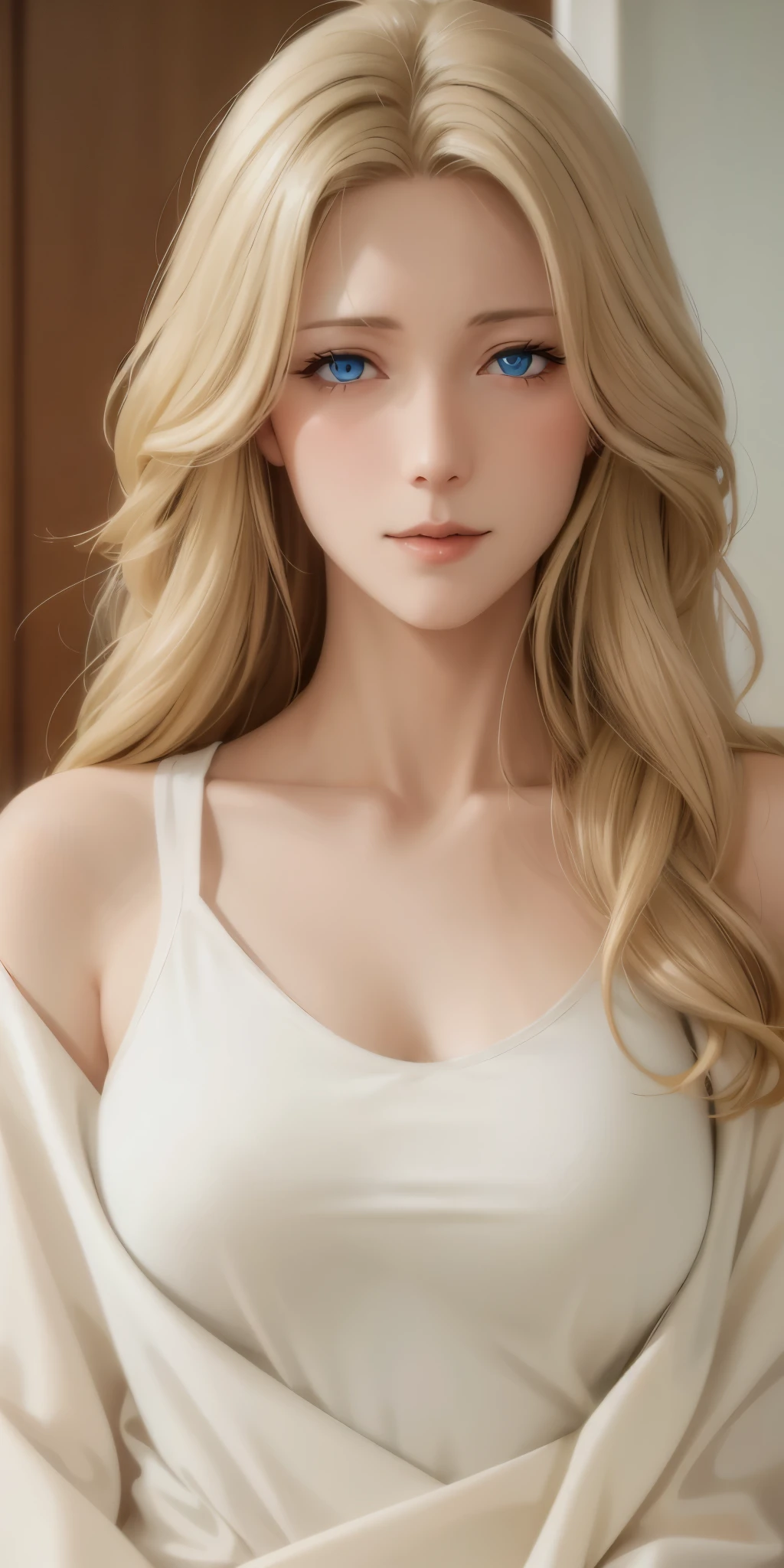 Elegant mature female, blue eyes, blonde hair, soft light, high detailed, 4k resolution, high quality, beautiful cg,