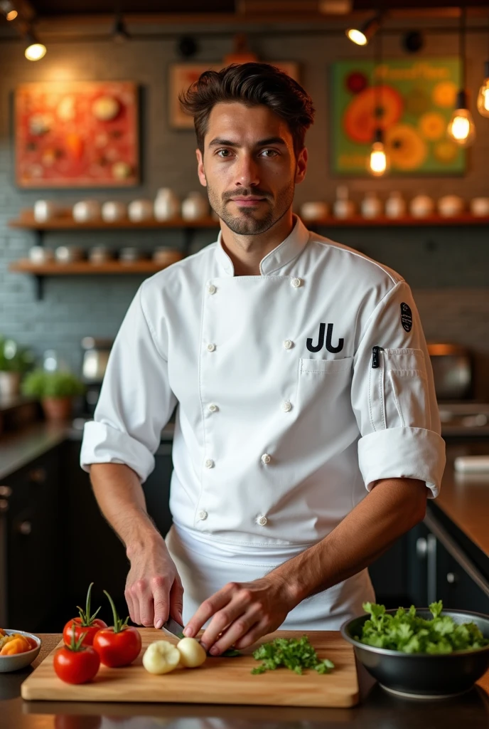 Thin young man with a white chef's apron and a name tag with JJ written in black