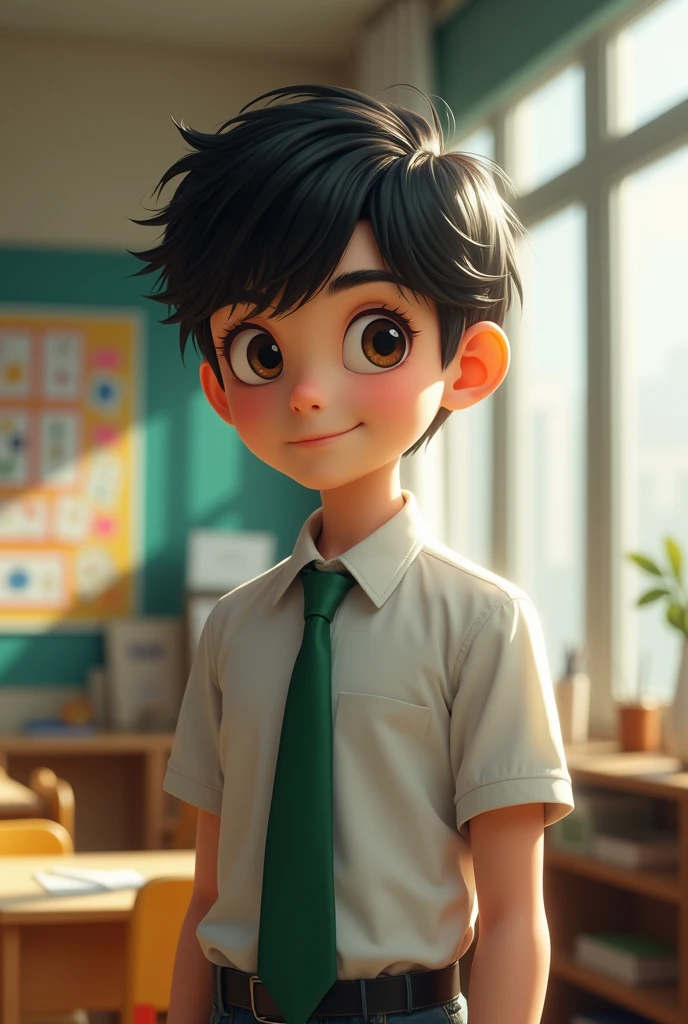 A 15 year old boy with oval face shape;almond eyes dark brown eyes; black hair ;tilted eye brow; sharp jawline; wearing half sleeve shirt with green tie and skin color paint; with a belt skin color is fair