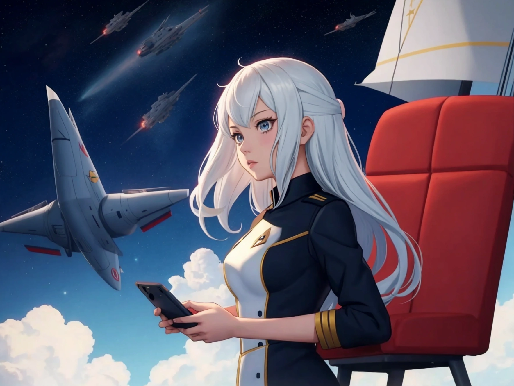 anime girl in starfleet uniform at console woth ships on viewscreen