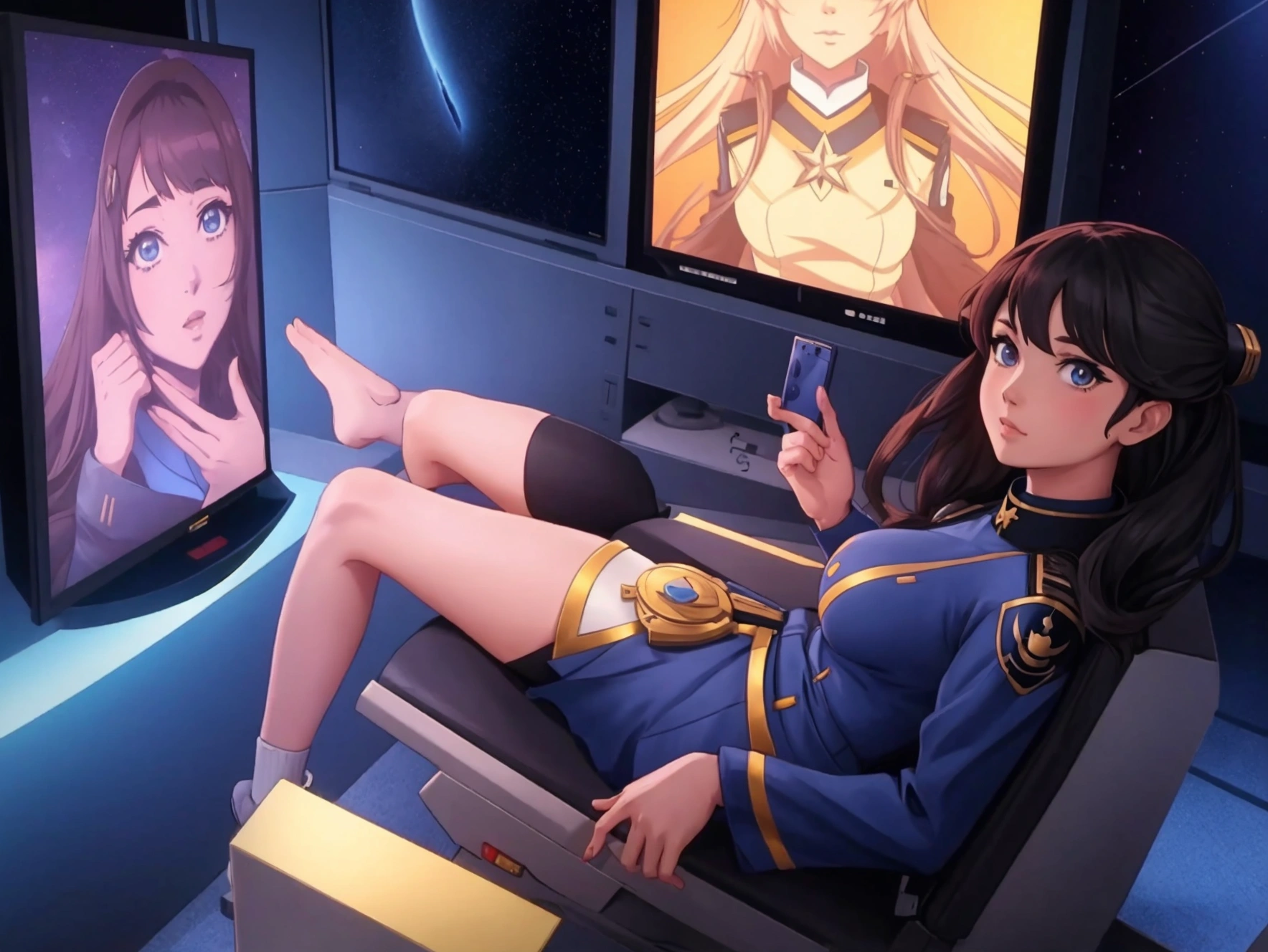 Redraw the left and right foot boots as knee-high boots with the same orange high heel, Put a man's big dick in the crotch。