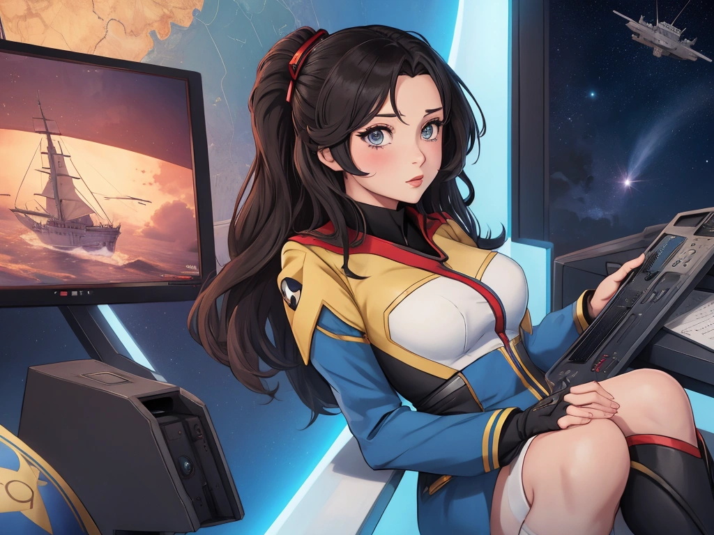 anime girl in starfleet uniform at console woth ships on viewscreen