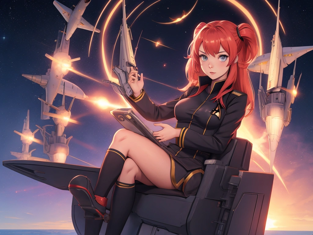 anime girl in starfleet uniform at console woth ships on viewscreen