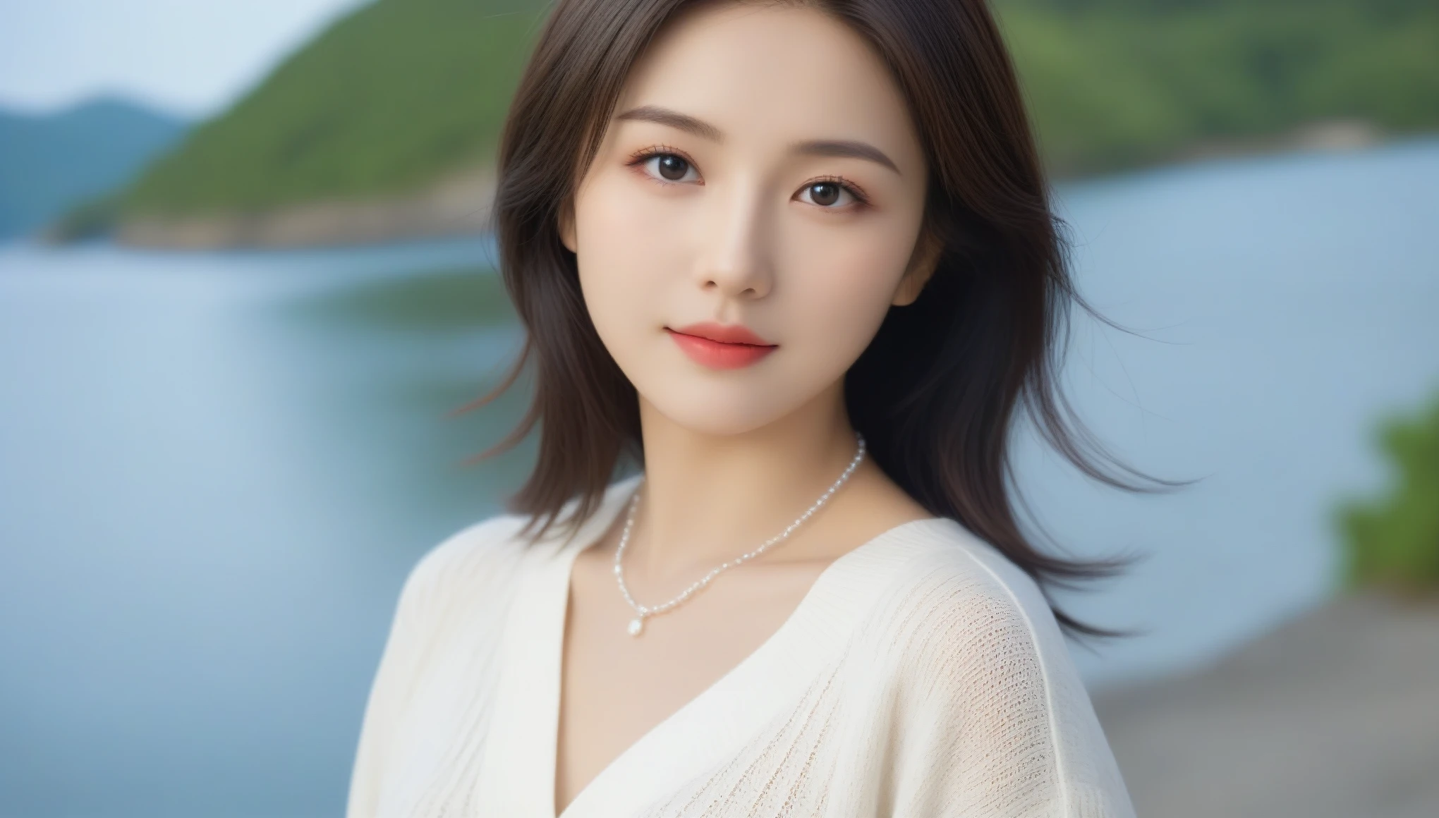 8k, Ultra-high resolution, Highest quality, masterpiece, 三分割法によるphotograph,Surreal, photograph, 1 Girl, (:1.3), pretty girl, Cute Face, 細部までBeautiful Eyes, 細かくdetailedに,masterpiece,One Girl:1.2,Japanese women,Young Wife,upper body,smile,Black hair,Wavy bob,(White summer knitwear:1.3),necklace,wood々Inside,Lakeside,Summer sunshine,wood漏れ日,(Beautiful attention to detail),Subtle details, detailedな顔, smile,attractive,(のポートレートphotograph:1.4),(Photorealistic images:1.4),Fantasy art,(Beautiful Face:1.4),美しくattractive目、Beautiful Eyes、(Tight waist:1.4)、(Beautiful with perfect body proportions:1.4),Pink Lips,Looking at the audience,(((Ideal body type))),A-cup small breasts :2,、Portraiture:2、Perfect Anatomy、鮮明なdetailed、detailed,Fashion magazine cover,Thin lips,完璧でBeautiful Face ,完璧でCute Face, Skin with attention to detail, Perfect limbs、Narrow waist,Surreal,Light and shadow,dappled sunlight