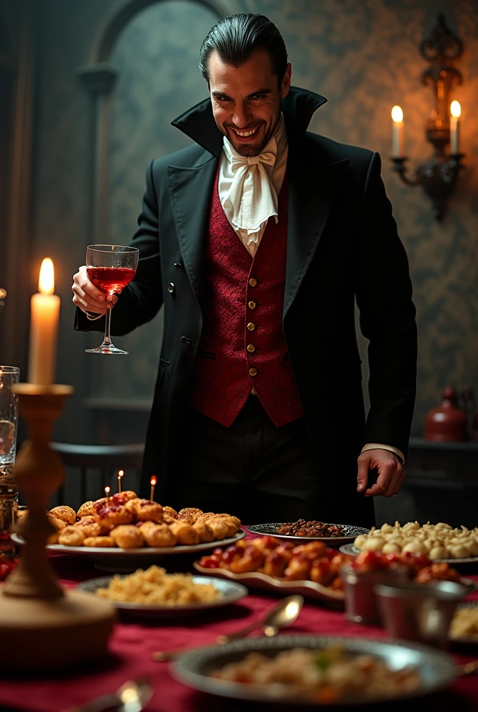 Dracula, wearing a black cape and showing sharp fangs, is seated at an upscale bar in Ginza, Tokyo, sipping a blood-red cocktail. The bar has a luxurious and elegant ambiance, with dim lighting, sleek decor, and a well-stocked bar behind him. Dracula's black cape drapes over his shoulders, adding to his dark and mysterious presence. His sharp fangs are visible as he sips the vibrant red drink, creating a striking contrast with the moody, sophisticated atmosphere. The image is realistic with a cinematic quality, capturing the essence of a classic vampire in a modern, stylish setting