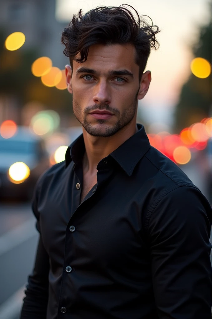 generate a half body picture of a handsome guy in black shirt, his hands are in his pockets.