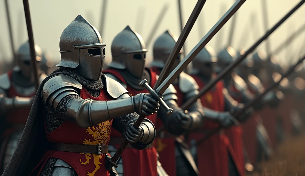 A highly realistic, high-contrast, 8K HD, detailed, hyper-detailed image of medieval knights fighting together on the battlefield. The knights, clad in steel armor with lion emblems on their tunics and helmets fully covering their faces, stand shoulder to shoulder as they engage in fierce combat with their enemies. Each knight swings his sword with precision and strength, supporting his comrades in the heat of battle. The atmosphere is intense and filled with the camaraderie and unity of the knights as they fight together against overwhelming odds. The image is of the highest quality, with ultra-high resolution, RAW photo quality, and Unreal Engine rendering, capturing the bond and determination of these warriors as they fight side by side, with the lion emblem proudly displayed on their armor.
