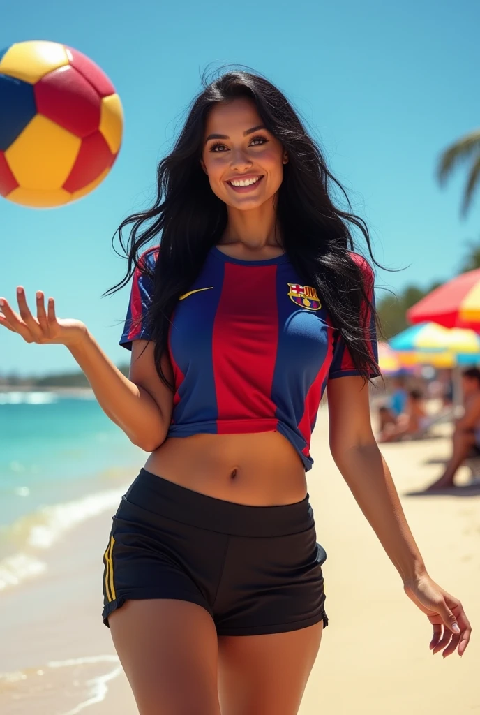 Hot busty and big ass girl with Barcelona shirt and black shorts and black hair o