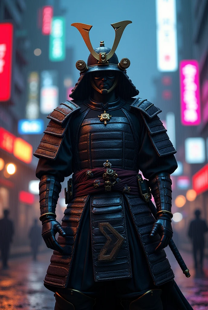 a samurai warrior in a disney animation world, detailed samurai complet outfit, intricate futuristic RPG armor, dramatic action pose, glowing neon lights, dark urban cityscape, cinematic lighting, muted color palette, hyper detailed, 8k, photorealistic, concept art style