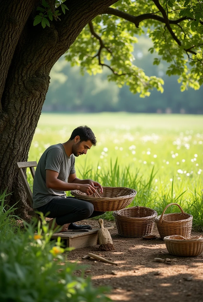 The father making baskets, simple life in the countryside