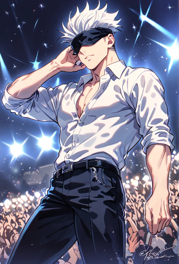 Ultra detailed, HDR, Highres, absurdres, masterpiece, best quality, solo focus, Gojou Satoru, white hair, black blindfold, covered eyes, white large shirt, black pants, Jujutsu Kaisen, sexy man, handsome, stage, concert, handsome, sensual, glittering, solo, manly man