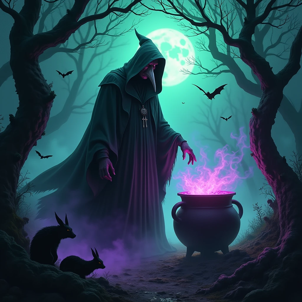 Tags: poisonous evil witch, terrible glowing purple spells, neon green, purple, dark atmosphere, spooky, eerie, sinister, magical, glowing eyes, long crooked nose, flowing black robes, enchanted forest, misty, haunting, foggy, creepy creatures, bats, spiders, eerie moonlight, twisted trees, ominous shadows, witch's cauldron, bubbling potion. (best quality, 4k, highres), ultra-detailed, realistic, portraits, dark fantasy, vivid colors, moody lighting.