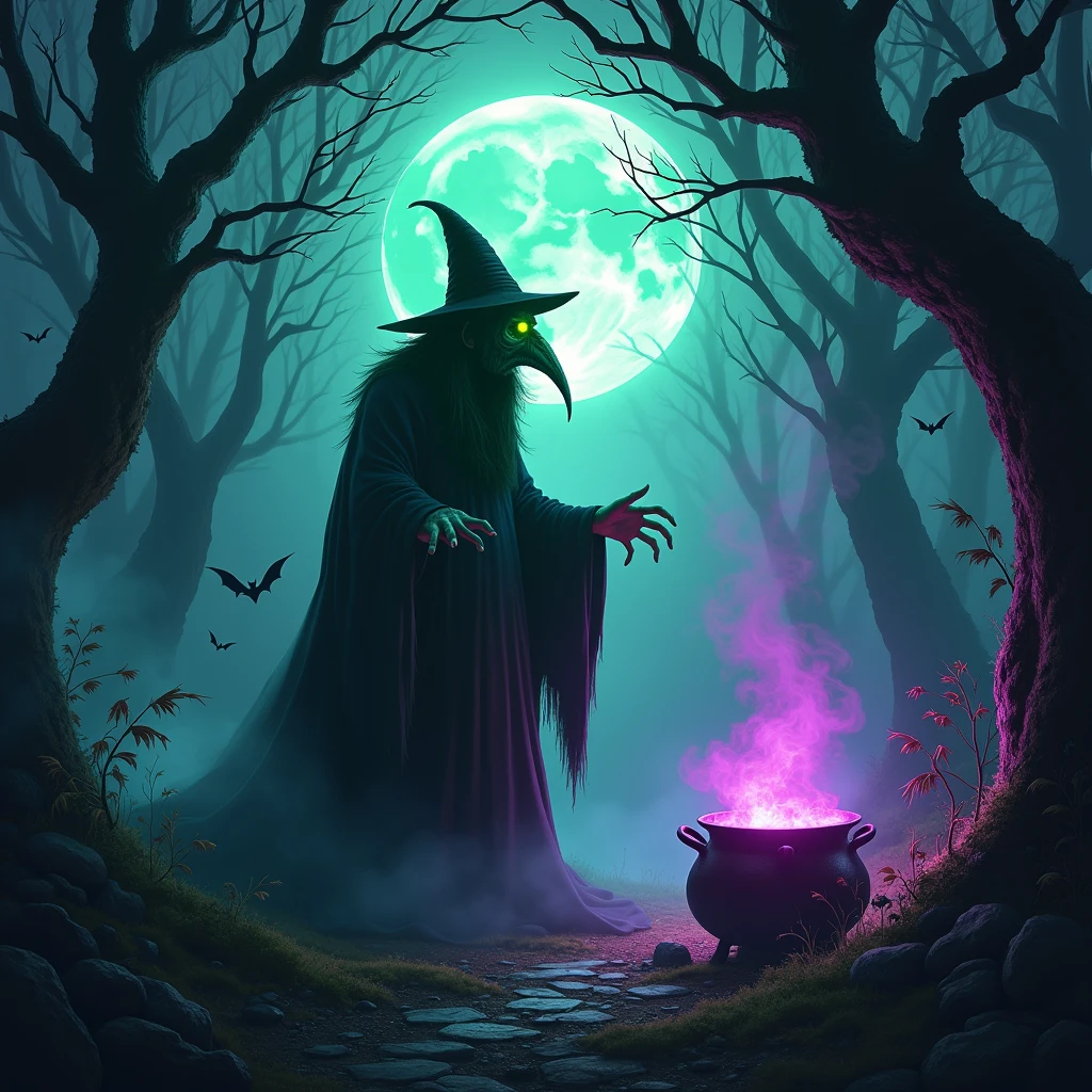 Tags: poisonous evil witch, terrible glowing purple spells, neon green, purple, dark atmosphere, spooky, eerie, sinister, magical, glowing eyes, long crooked nose, flowing black robes, enchanted forest, misty, haunting, foggy, creepy creatures, bats, spiders, eerie moonlight, twisted trees, ominous shadows, witch's cauldron, bubbling potion. (best quality, 4k, highres), ultra-detailed, realistic, portraits, dark fantasy, vivid colors, moody lighting.