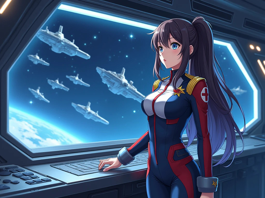 anime girl in starfleet uniform at console woth ships on viewscreen