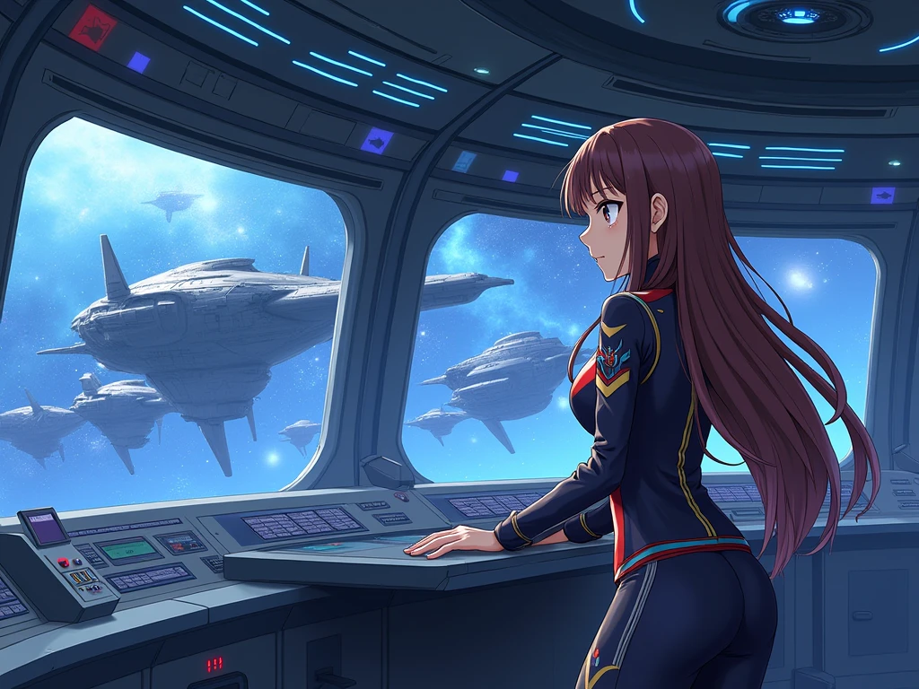 anime girl in starfleet uniform at console woth ships on viewscreen