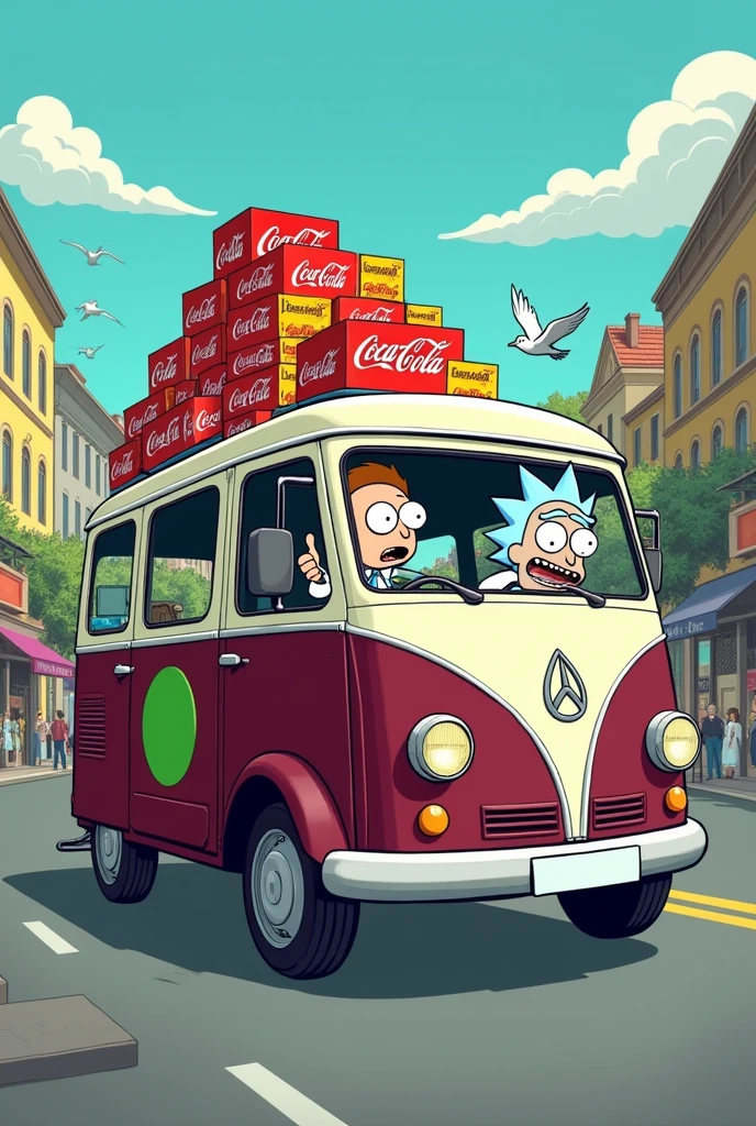 A dark burgundy and white minibus with a green round Flaschenpost emblem on the side of the Citroën is carrying many boxes of Coca-Cola, Rick and his nephew Morty are sitting behind the wheel and are sticking their hand out the side window and showing a thumbs up like. Rick and Morty cartoon style image