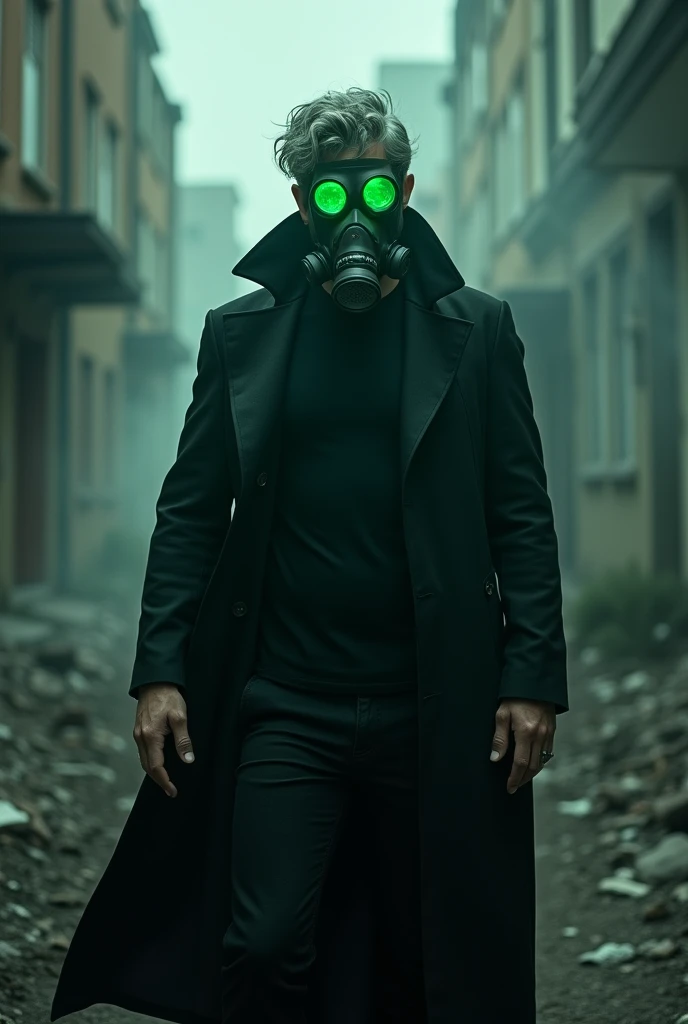 A man wearing a gas mask with glowing green lenses, With a black overcoat and black t-shirt, with gray hair, with a gray aura