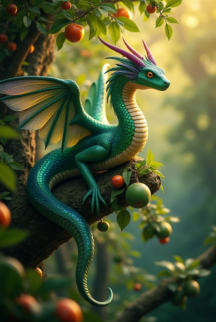 A winged serpent, with the brilliance of gemstones. On a very beautiful tree with colorful fruits.
