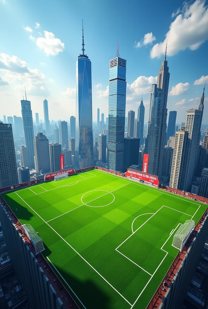 Soccer field, on a skyscraper in a big city, Without people