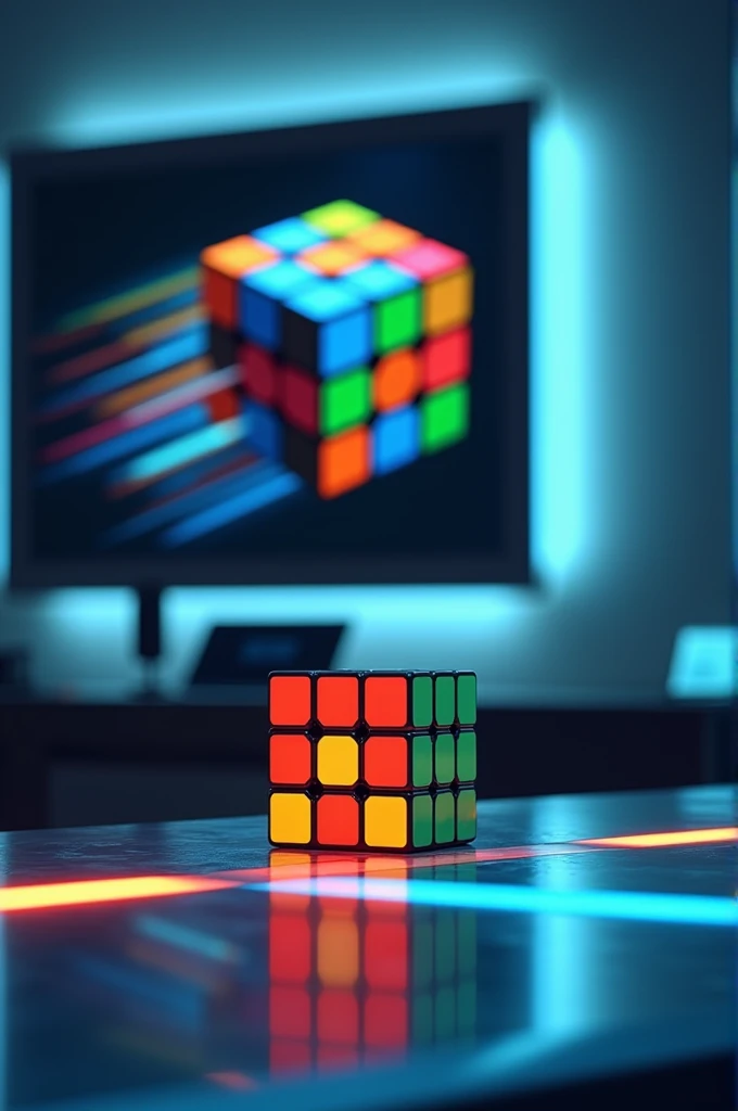 A tech background and a Rubik's cube laying on a table and behind wall a photo frame of Rubik's cube