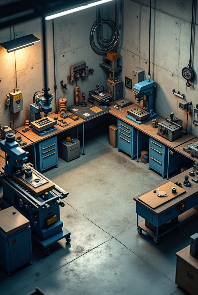 a isometric view image of a 2.5D machine shop with drill press, lathe, milling machine, and table saw. Concrete floor.