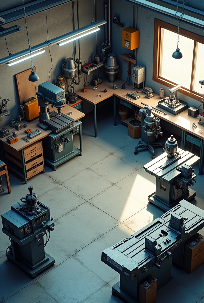 a isometric view image of a 2.5D machine shop with drill press, lathe, milling machine, and table saw. Concrete floor.