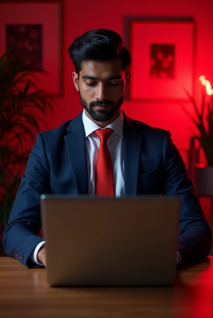 Young-Indian-Man-in-Formal-Attire-Using-Laptop-with-Red-Backlight