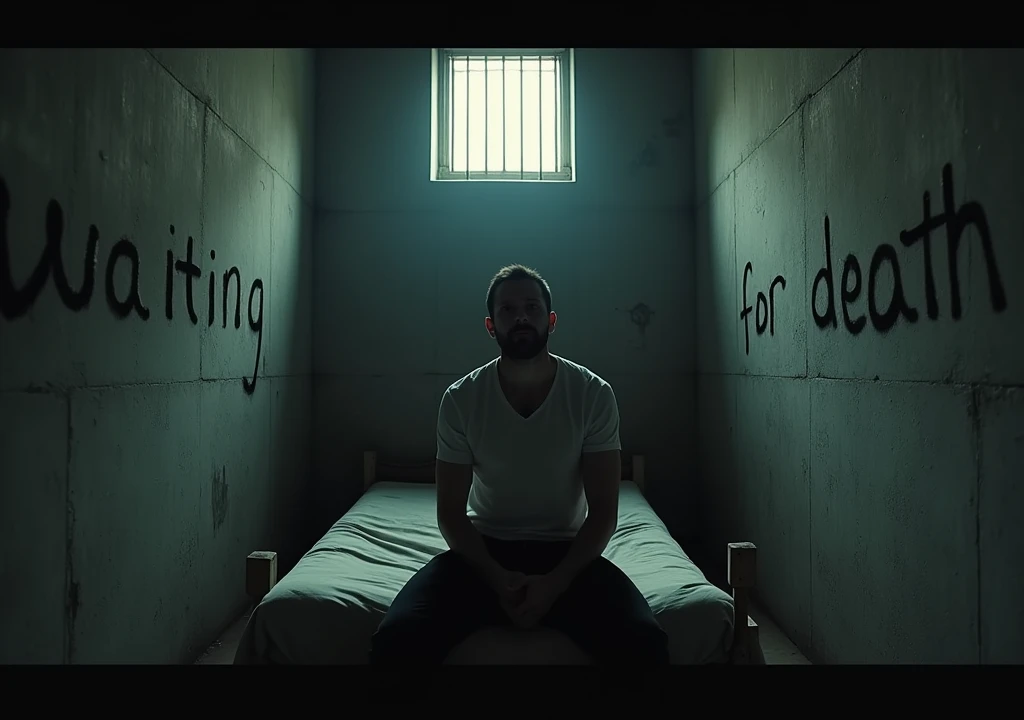 A man is very scared in a secret prison that is very small. There is nothing around. There is only a bed and the writing on the wall is waiting for death.The man is very scared The image will be the size of a YouTube thumbnail. The man can be seen very scared with only a small amount of sunlight coming through his window.